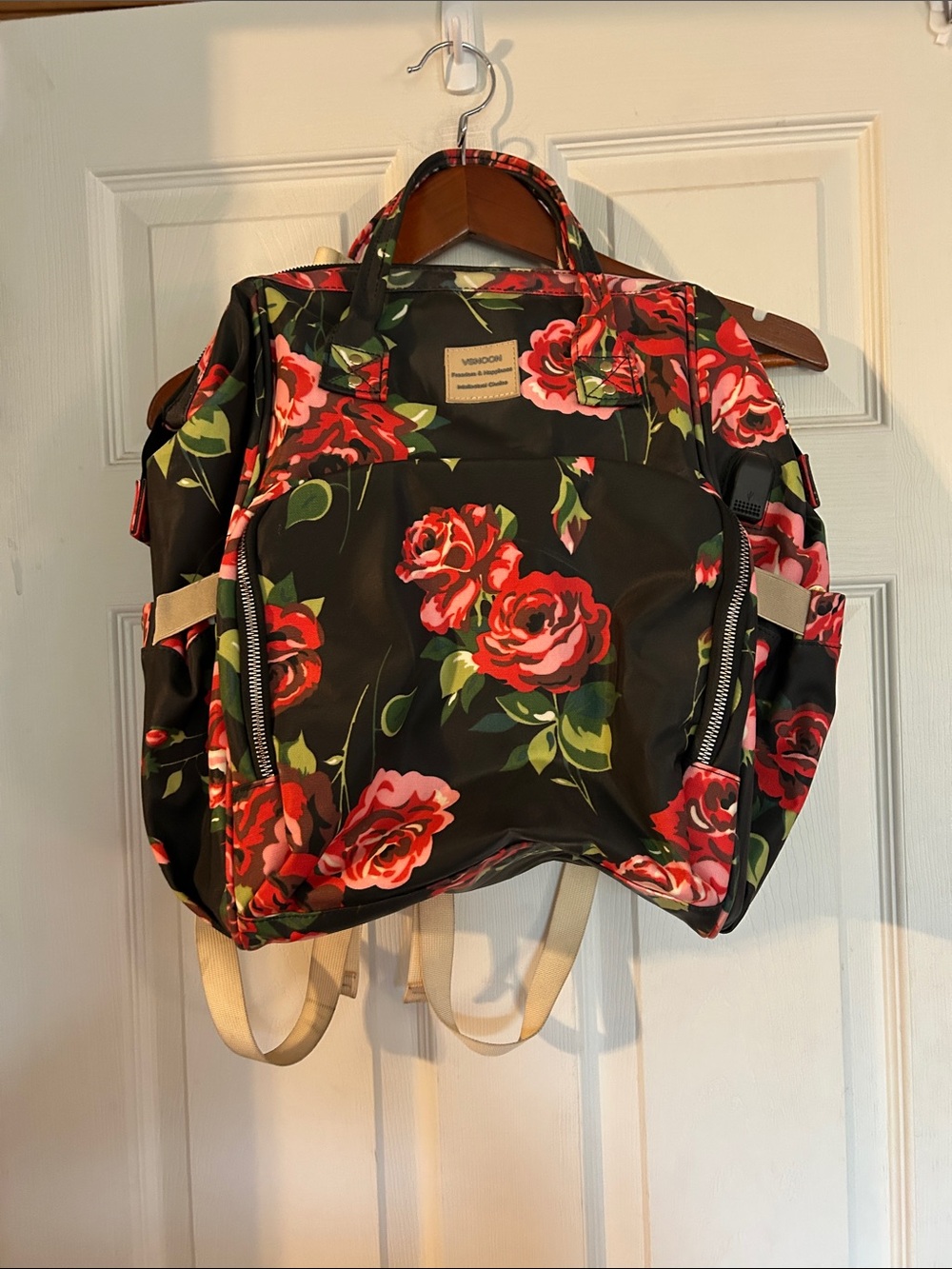 Black Backpack with Red Rose Print